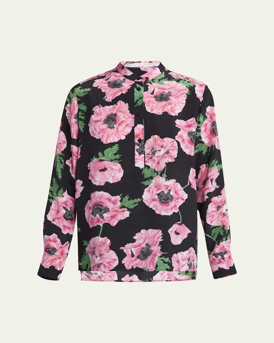 Poppy-Print Silk Button-Down Blouse